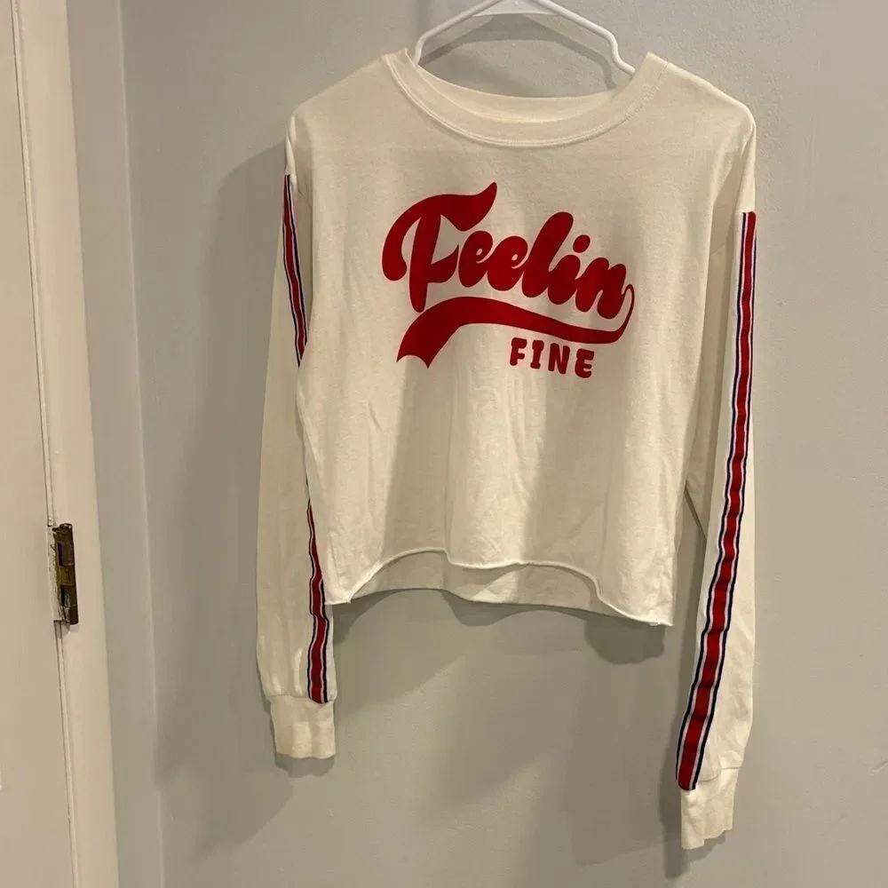 Fifth Sun White and Red Long Sleeve Stripe Ribbed Detail, Cropped Tee